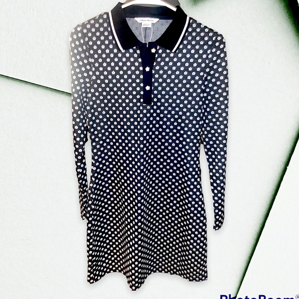 NWT- long sleeve fitted knit mini dress with collar and button detail
